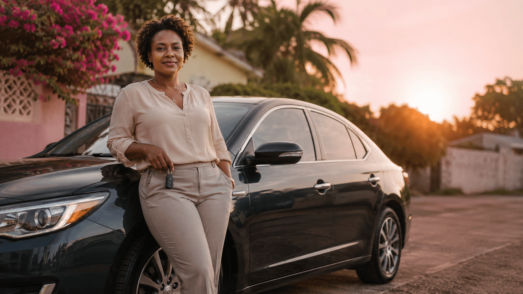 Vehicle partner standing proudly beside her car